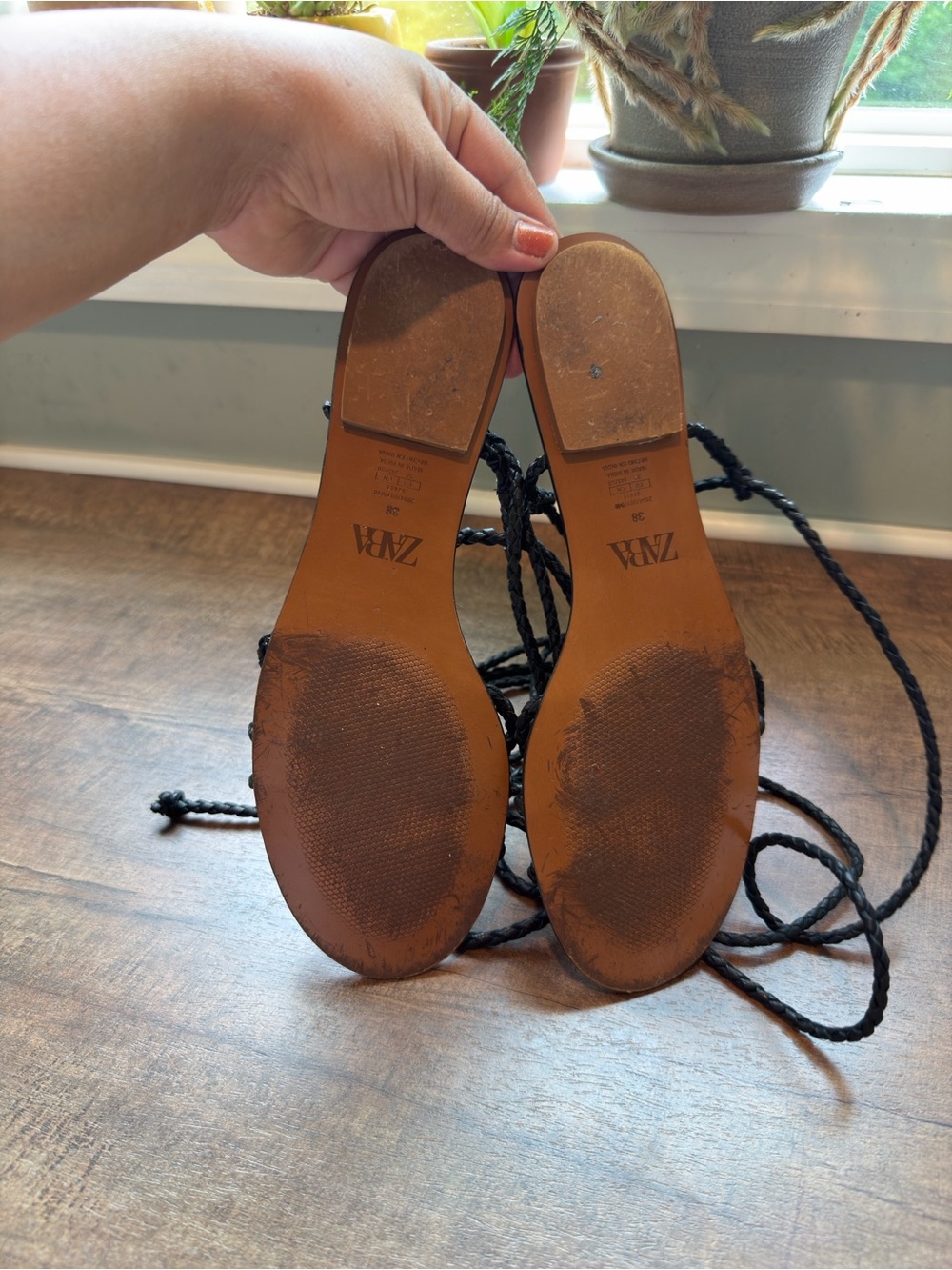 Zara Black Braided Lace-Up Sandals with Tan Footbed 38 - Picture 4 of 6
